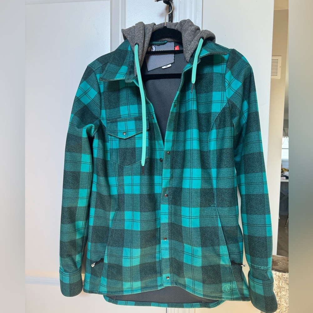 Volcom Teal Plaid Hooded Jacket - Medium